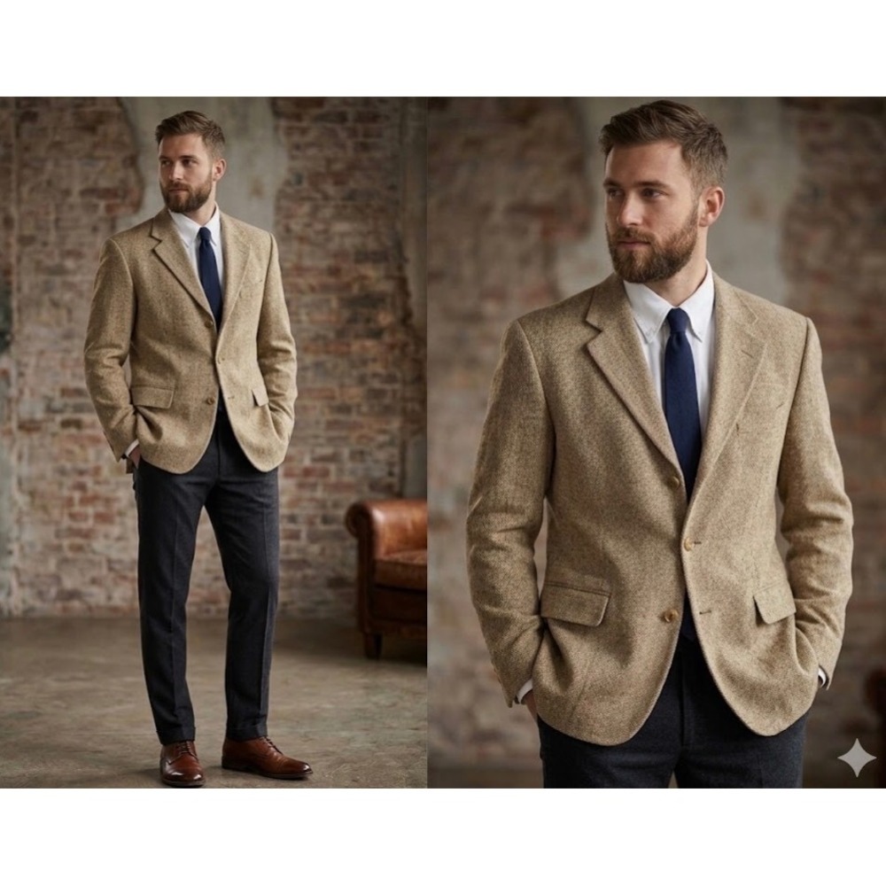 Tommy Hilfiger Mens Tan Herringbone 40S Button Blazer Sport Coat Made in USA